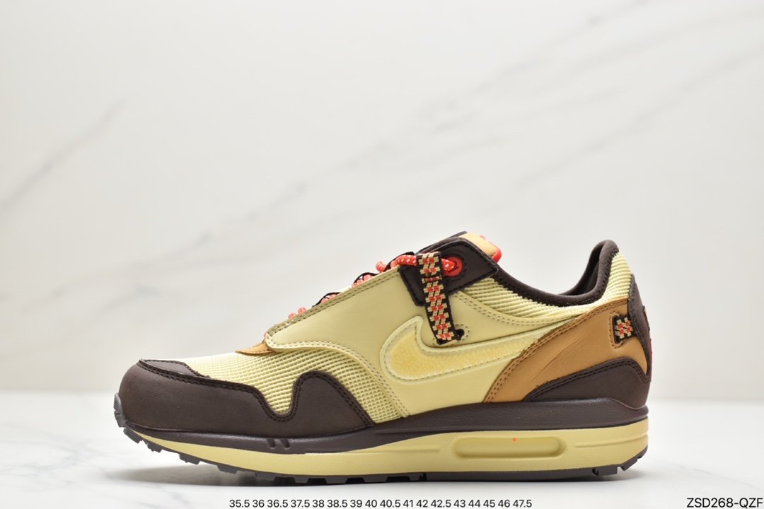 Travis Scott x Nike Air Max 1 ”Wheat/Lemon” revised low-cut retro all-match casual sports jogging shoes ”Lemon yellow distressed barb” DO9392