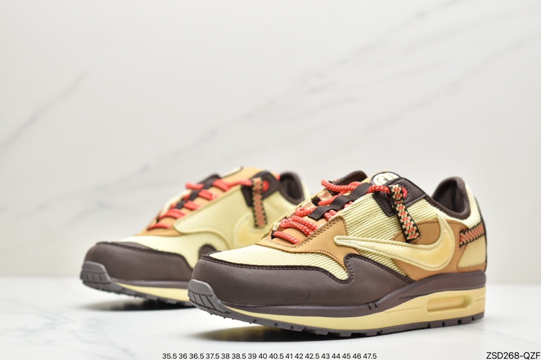 Travis Scott x Nike Air Max 1 ”Wheat/Lemon” revised low-cut retro all-match casual sports jogging shoes ”Lemon yellow distressed barb” DO9392