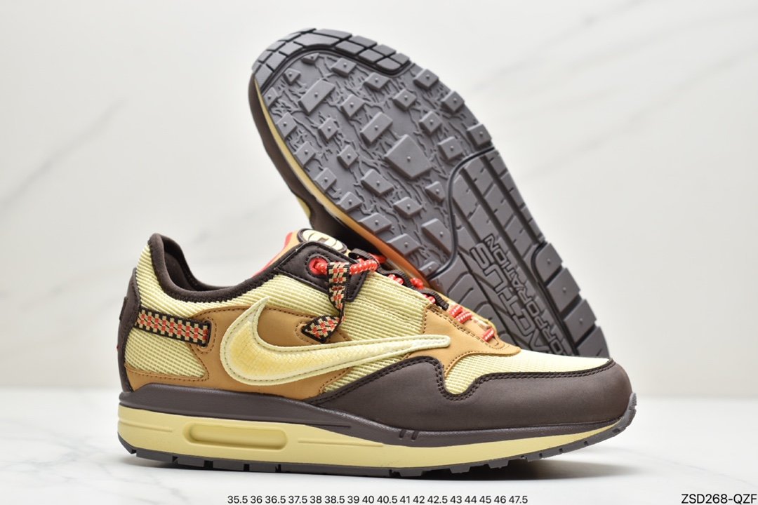 Travis Scott x Nike Air Max 1 ”Wheat/Lemon” revised low-cut retro all-match casual sports jogging shoes ”Lemon yellow distressed barb” DO9392