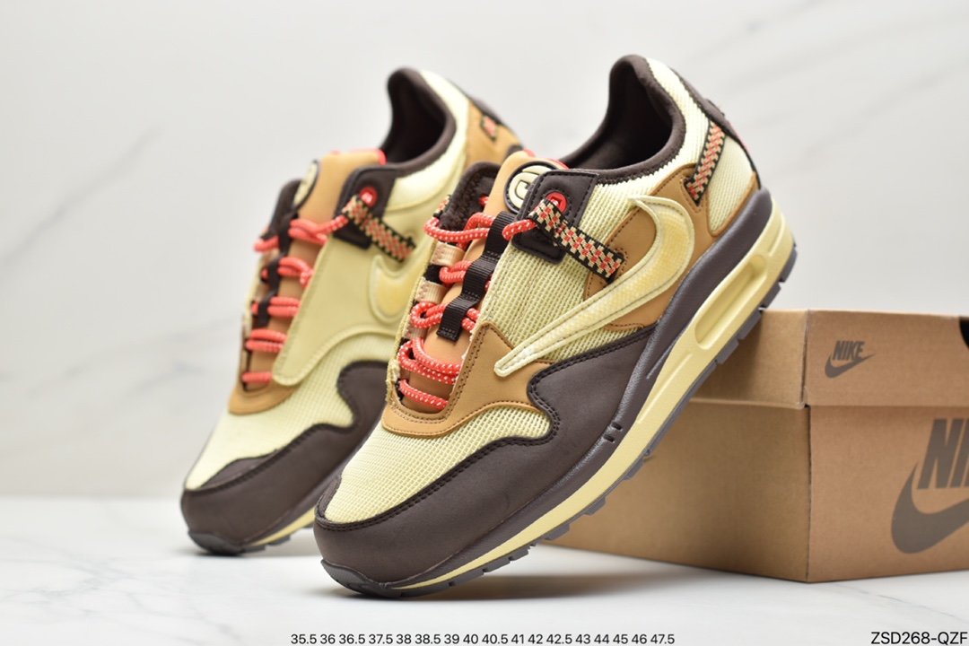 Travis Scott x Nike Air Max 1 ”Wheat/Lemon” revised low-cut retro all-match casual sports jogging shoes ”Lemon yellow distressed barb” DO9392