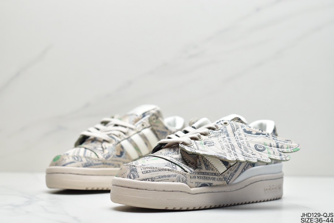 adidas Forum Low JS Co-branded Beige Green Full Printed Paper Wings Low-Top Sneakers GX6393