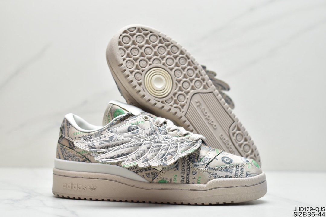 adidas Forum Low JS Co-branded Beige Green Full Printed Paper Wings Low-Top Sneakers GX6393