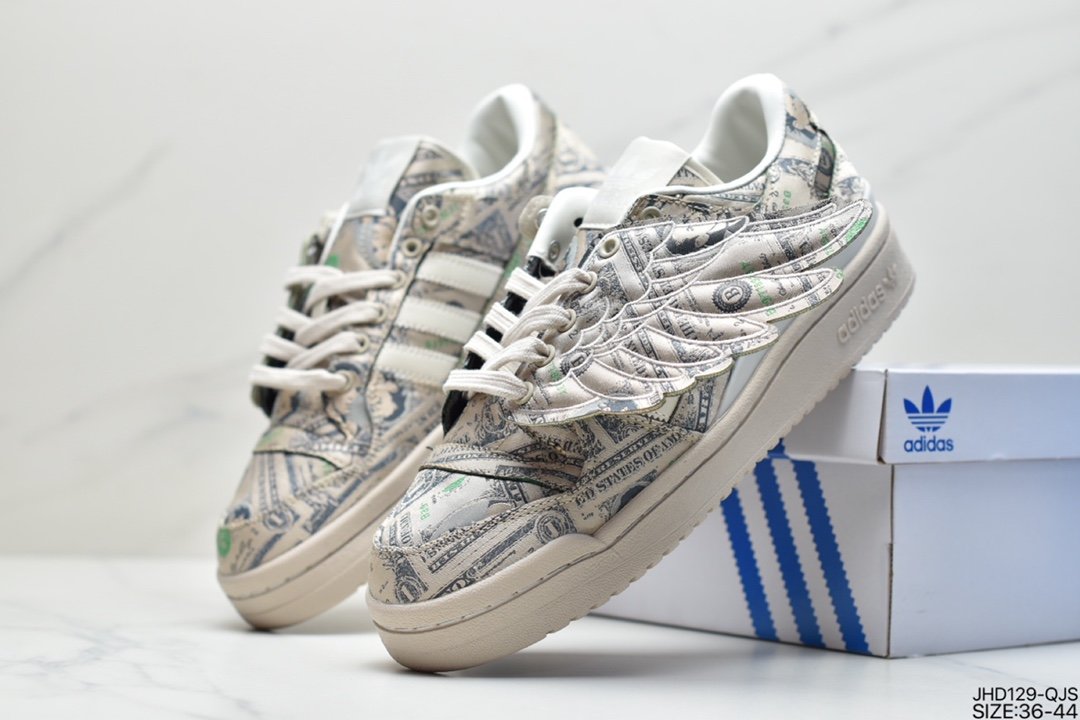 adidas Forum Low JS Co-branded Beige Green Full Printed Paper Wings Low-Top Sneakers GX6393