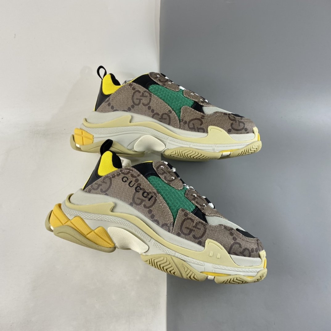 Gucci x Balenciaga Triple S Clear Sole Sneaker ”The Hacker Project” Fashion Retro Thick Sole Heightening All-match Casual Sports Grandpa Sneakers ”GG Ebony Brown Green Yellow Black” 681067 UMO20 9766