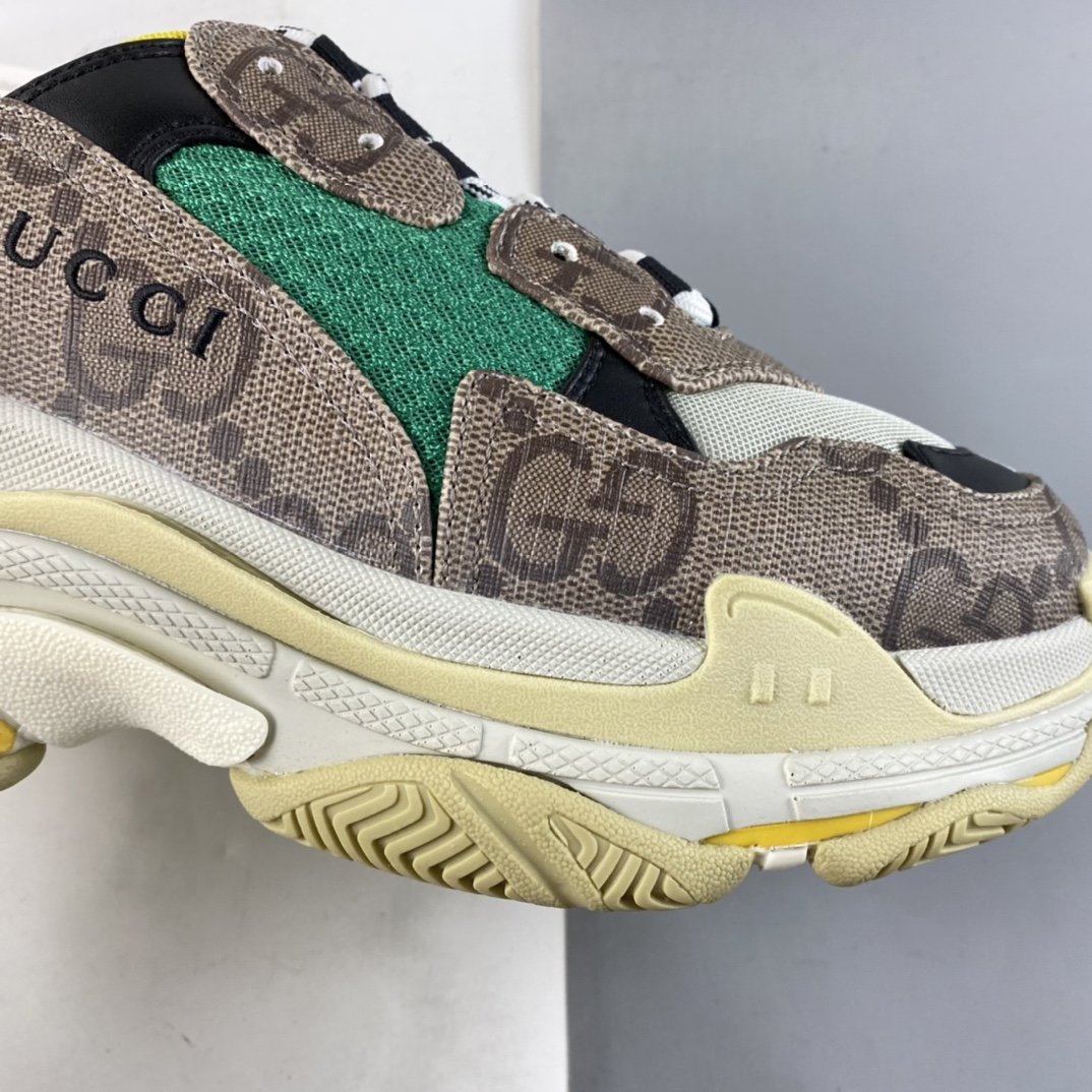 Gucci x Balenciaga Triple S Clear Sole Sneaker ”The Hacker Project” Fashion Retro Thick Sole Heightening All-match Casual Sports Grandpa Sneakers ”GG Ebony Brown Green Yellow Black” 681067 UMO20 9766