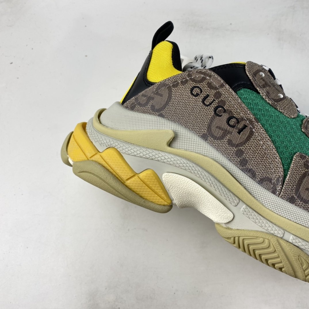 Gucci x Balenciaga Triple S Clear Sole Sneaker ”The Hacker Project” Fashion Retro Thick Sole Heightening All-match Casual Sports Grandpa Sneakers ”GG Ebony Brown Green Yellow Black” 681067 UMO20 9766