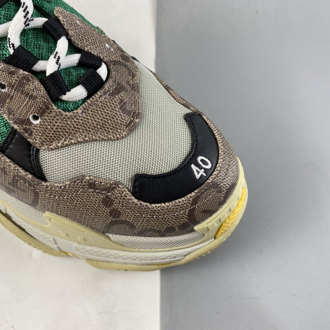 Gucci x Balenciaga Triple S Clear Sole Sneaker ”The Hacker Project” Fashion Retro Thick Sole Heightening All-match Casual Sports Grandpa Sneakers ”GG Ebony Brown Green Yellow Black” 681067 UMO20 9766