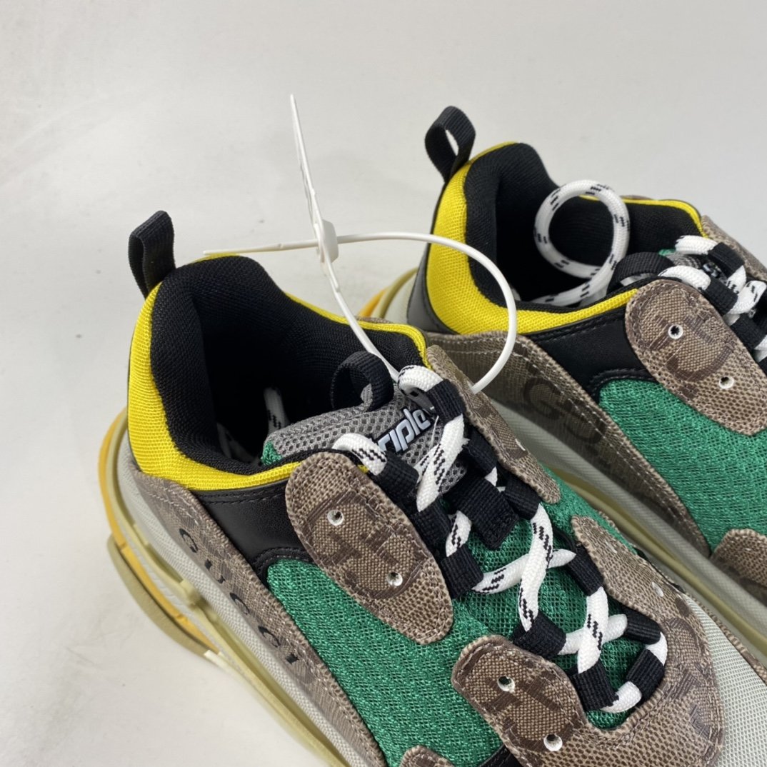 Gucci x Balenciaga Triple S Clear Sole Sneaker ”The Hacker Project” Fashion Retro Thick Sole Heightening All-match Casual Sports Grandpa Sneakers ”GG Ebony Brown Green Yellow Black” 681067 UMO20 9766