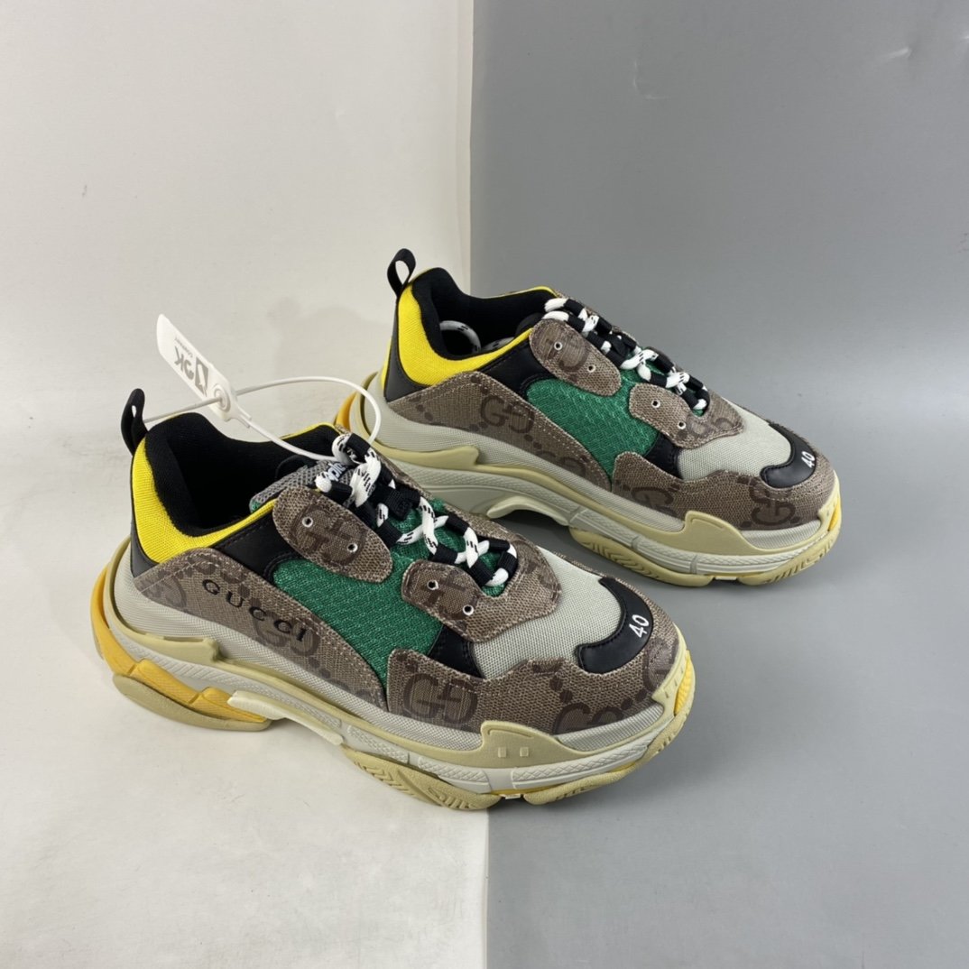 Gucci x Balenciaga Triple S Clear Sole Sneaker ”The Hacker Project” Fashion Retro Thick Sole Heightening All-match Casual Sports Grandpa Sneakers ”GG Ebony Brown Green Yellow Black” 681067 UMO20 9766