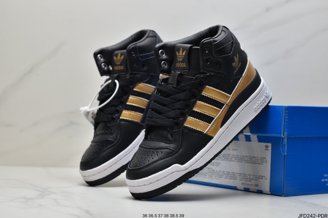 adidas Originals Forum Mid Roman Velcro Lace-Up Mid-Top Retro Casual Sneakers ”Leather Black Gold White” D98179