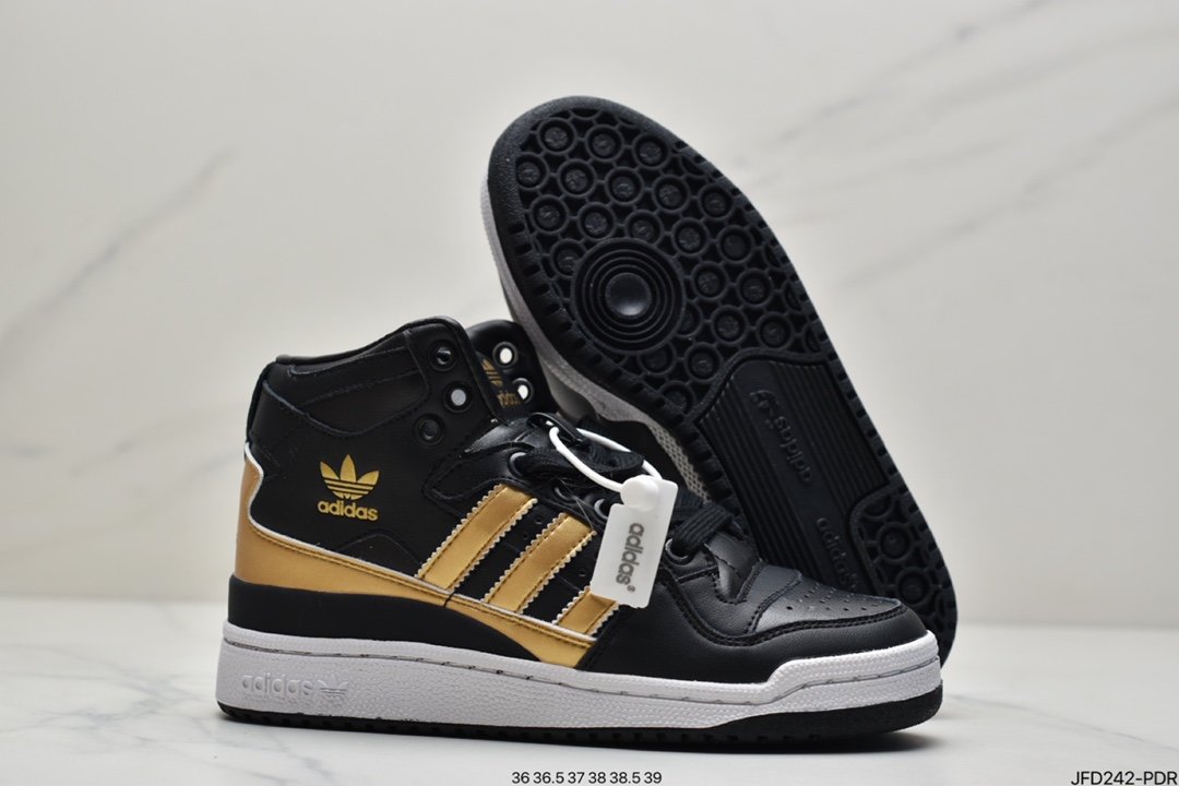 adidas Originals Forum Mid Roman Velcro Lace-Up Mid-Top Retro Casual Sneakers ”Leather Black Gold White” D98179