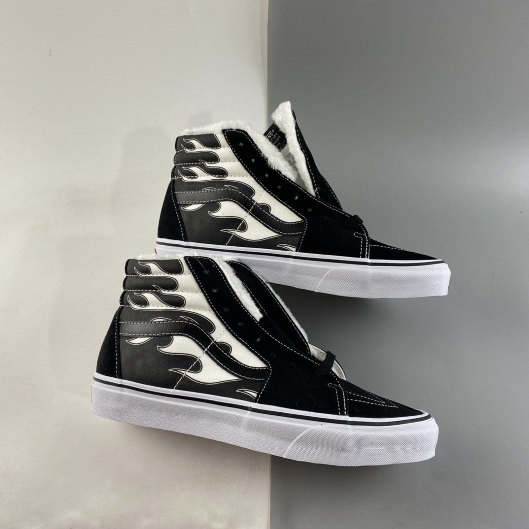 Vans Sk8 Hi Flame Vans black and white flame plus velvet high-top classic board shoes VN0A32QGKGF5