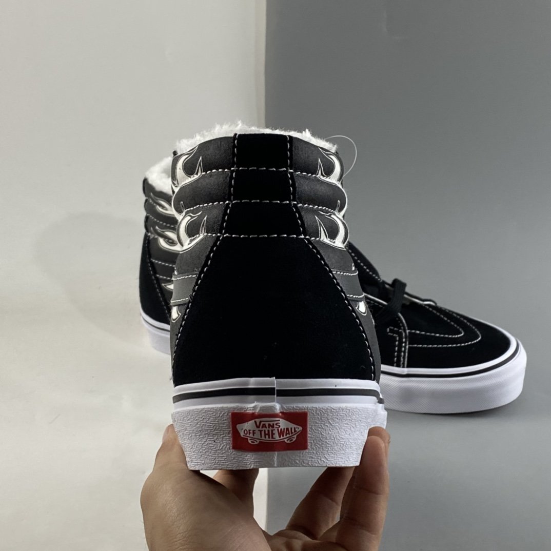 Vans Sk8 Hi Flame Vans black and white flame plus velvet high-top classic board shoes VN0A32QGKGF5