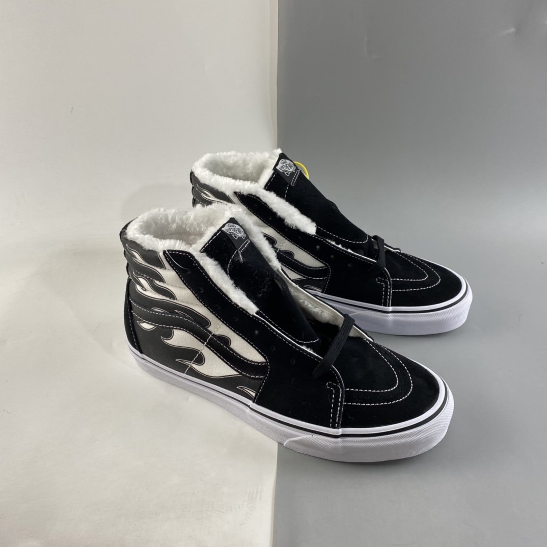 Vans Sk8 Hi Flame Vans black and white flame plus velvet high-top classic board shoes VN0A32QGKGF5