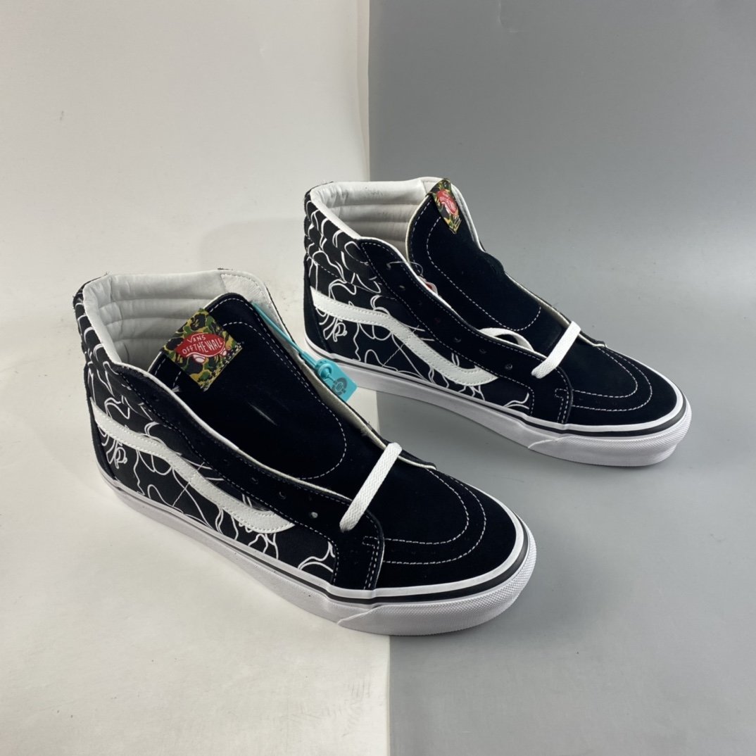 BAPE x Vans 2021 official blockbuster joint model Sk8-Hi 38 DX black and white classic high-top men and women couple sneakers canvas shoes VN0A38GF7BG