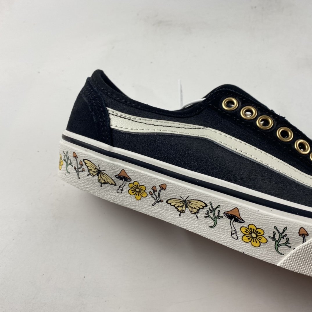 VANS style 36 SF Vans black and gray stitching butterfly flower low-top skateboard shoes VN0A5HYRA1H