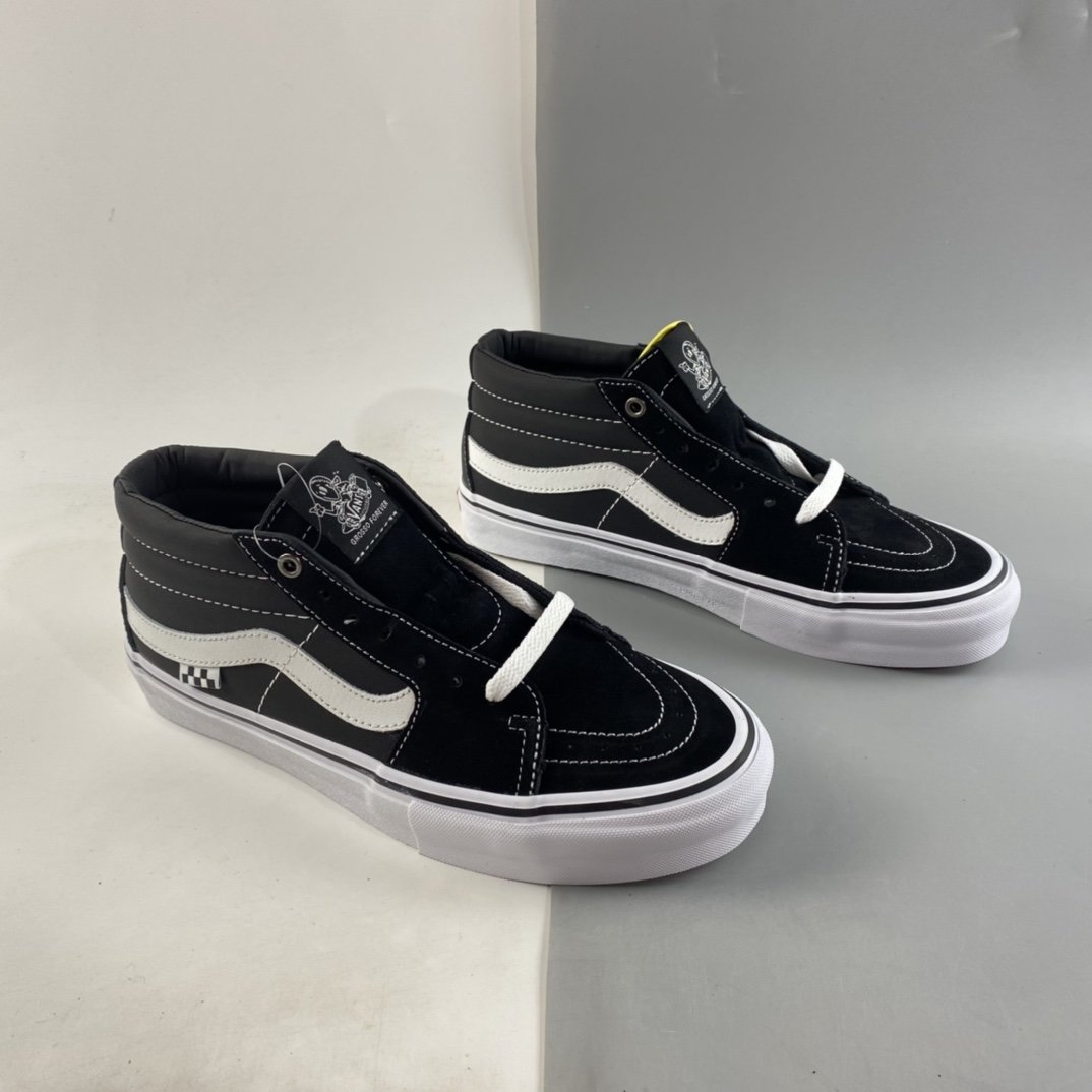 Vans SKate SK8-Mid Black and White Classic Mid Side Checkerboard Suede Canvas Skateboard Shoes VN0A5FCG625